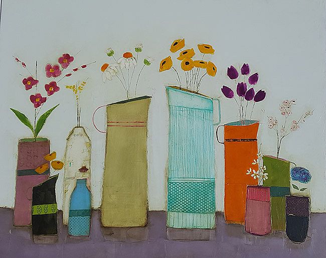 Eithne  Roberts - Blue and orange jugs with spring blooms